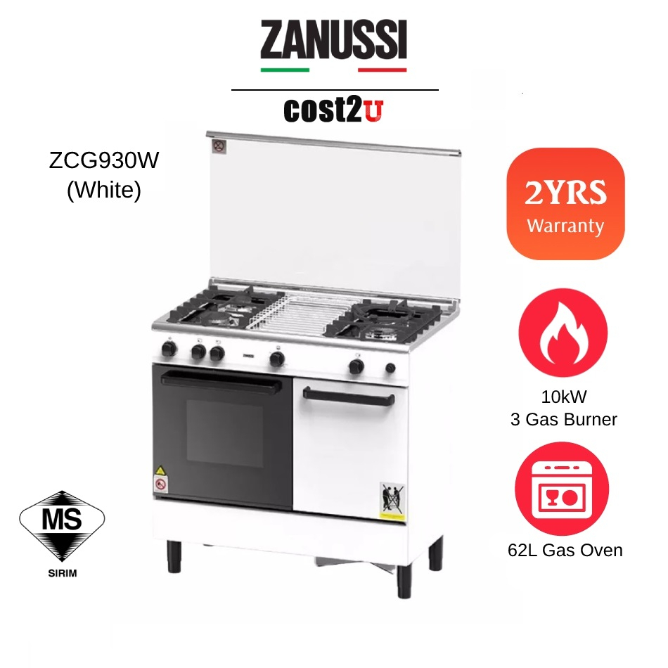 Zanussi Freestanding Cooker 3 Gas Burner & 62L Gas Oven  | ZCG930W Dapur Gas Cooker Ketuhar