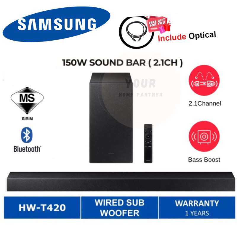 Samsung T420 Sound Bar 150W 2.1ch Sound Bar Wired Subwoofer HW-T420