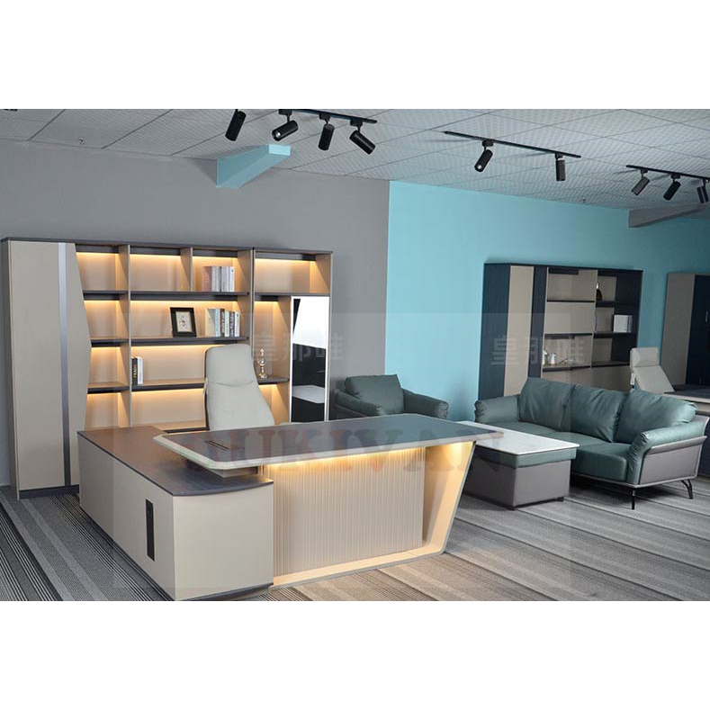 Boss Office Desk Meja Pejabat Luxury Office Table With Side Cabinet Led Lighting File Cabinet