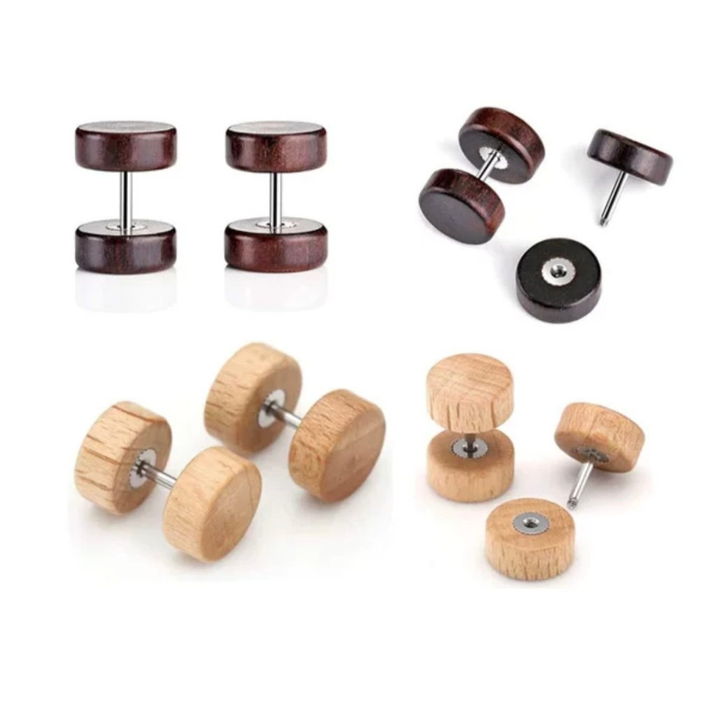 [ READY STOCK ] ( 1 PCS ) Fashion Wooden Stainless Steel Ear Studs Earring For Women And Men