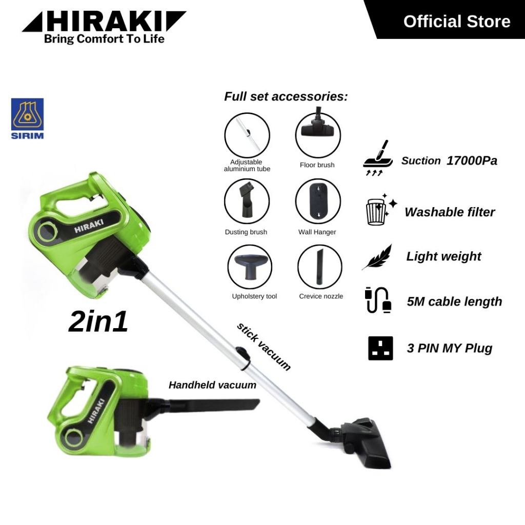 CLEARANCE Hiraki 2 In 1 Handheld And Stick Vacuum Cleaner - Green VC-918 (17000Pa/600W)