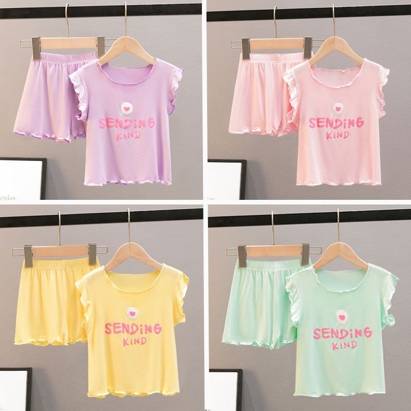 LOCAL New Arrivals Kids Girls Short Sleeve Set Homewear Summer Clothes Baju Duduk Rumah Ready Stock