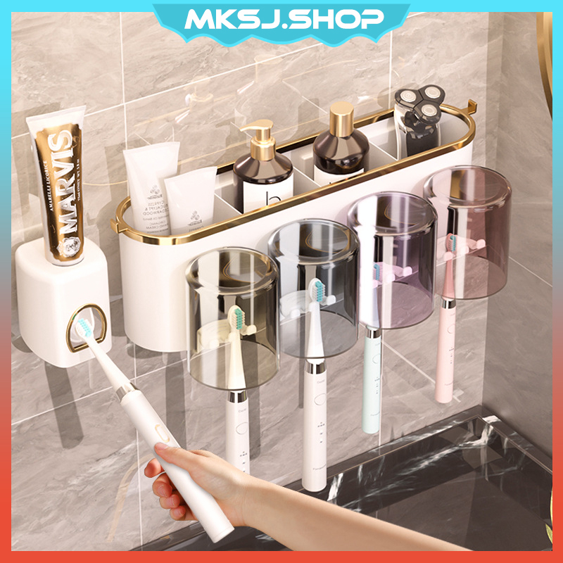 Toothbrush Holder Toothpaste Squeezer Shaver Dispenser Wall Mount Bathroom Cup Storage Rack No Drill Rak Berus Gigi