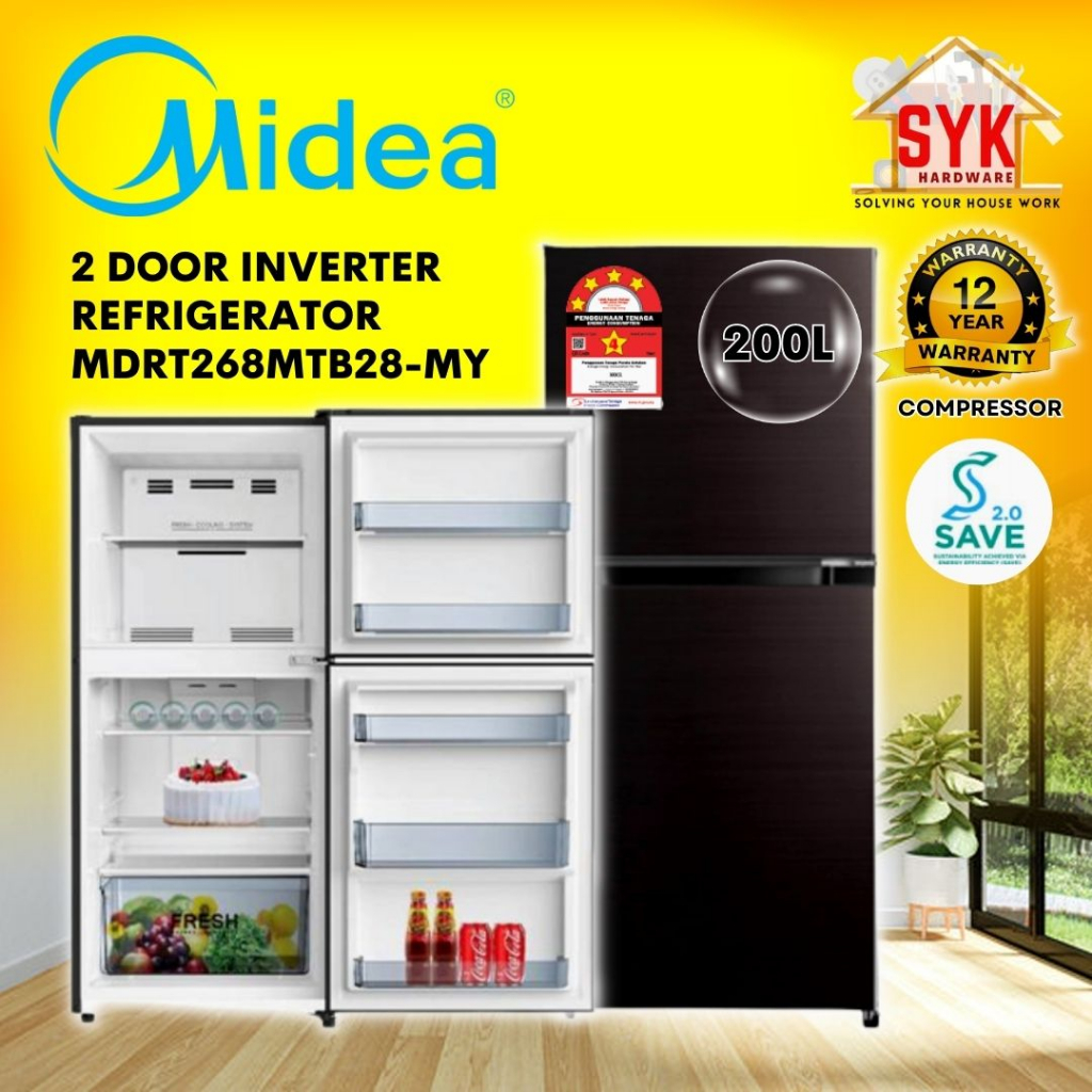 SYK Midea Refrigerator Fridge 2 Door MDRT268MTB28-MY 200L Inverter Refrigerator Peti Sejuk Ais 2 Pintu Peti Ai 冰箱