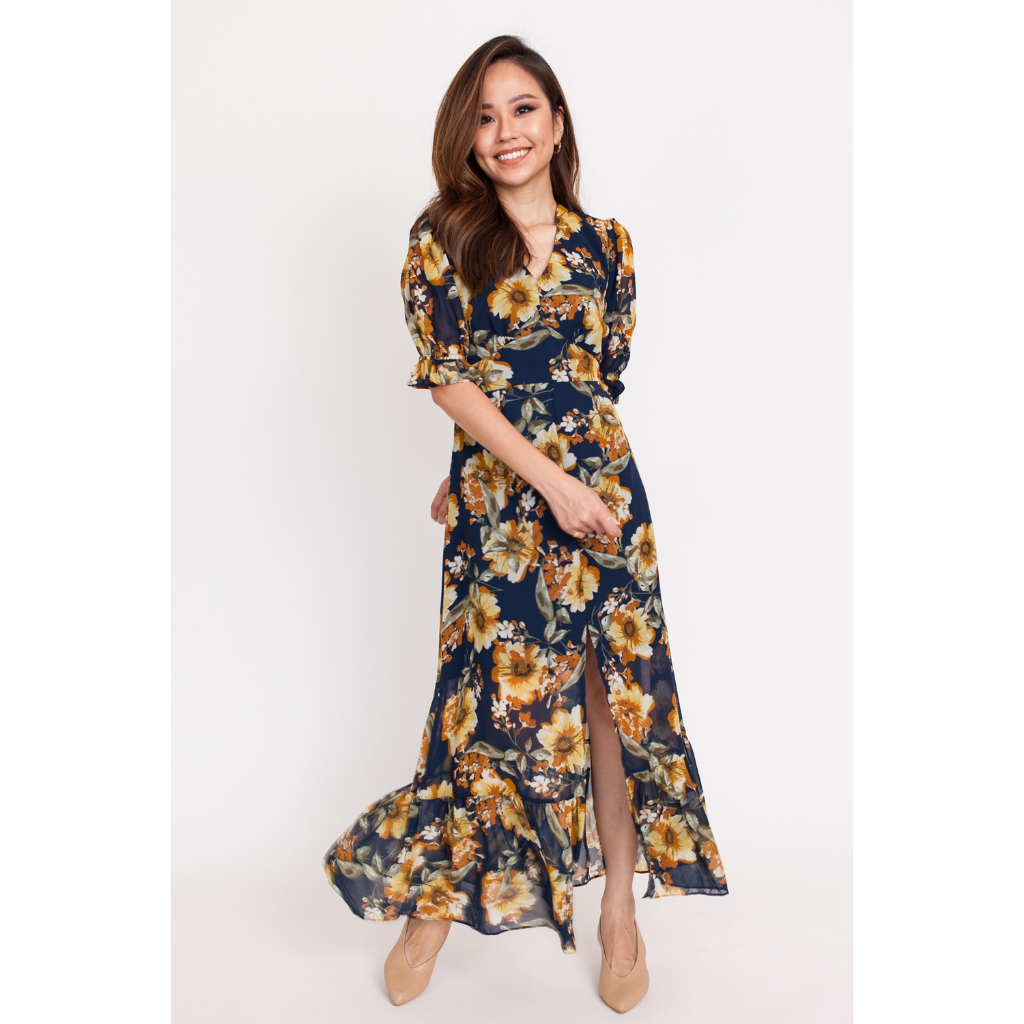 Sunflower Print Slit Front Maxi Dress