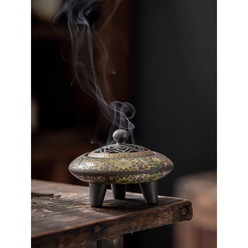 珐琅彩复古三足家用室内陶瓷香薰炉盘香炉檀香沉香Vintage Enamel Colored Three-Legged Ceramic Incense Burner plate incense sandalwood agarwood