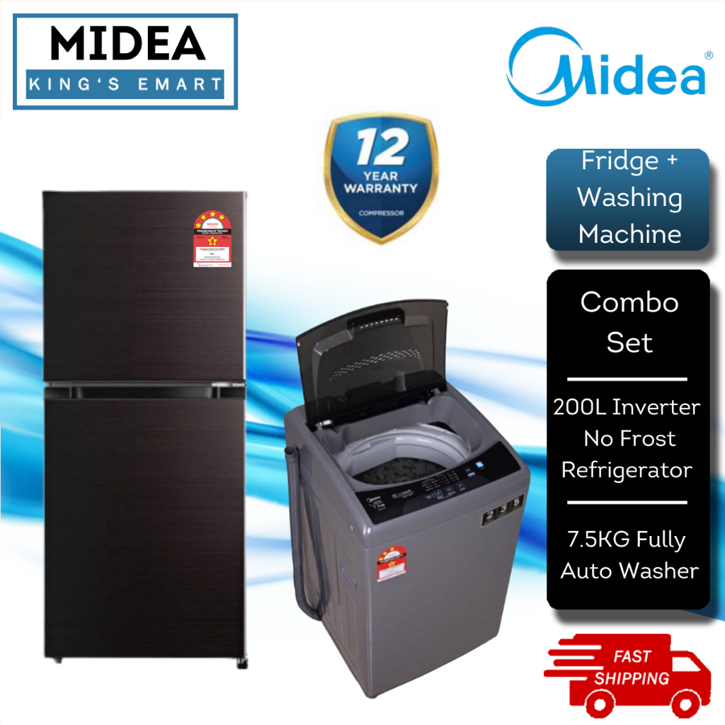 [COMBO SET] Midea 2 Door Inverter Fridge Refrigerator (200L) MDRT268MTB28 & Fully Auto Washing Machine (7.5kg) MFW-EC750