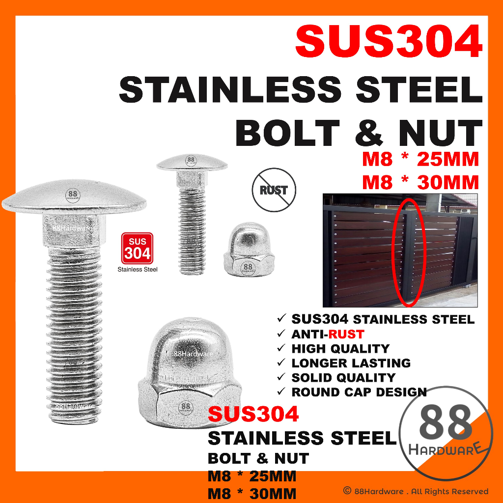 【SUS 304】M8 bolt and nut stainless steel aluminium gate panel/aluminium panel for gate/pagar bolt nut/gate/screw/skru
