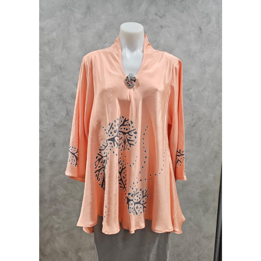 LIZARA - Batik Tunic Blouse Peach Orange Longsleeve