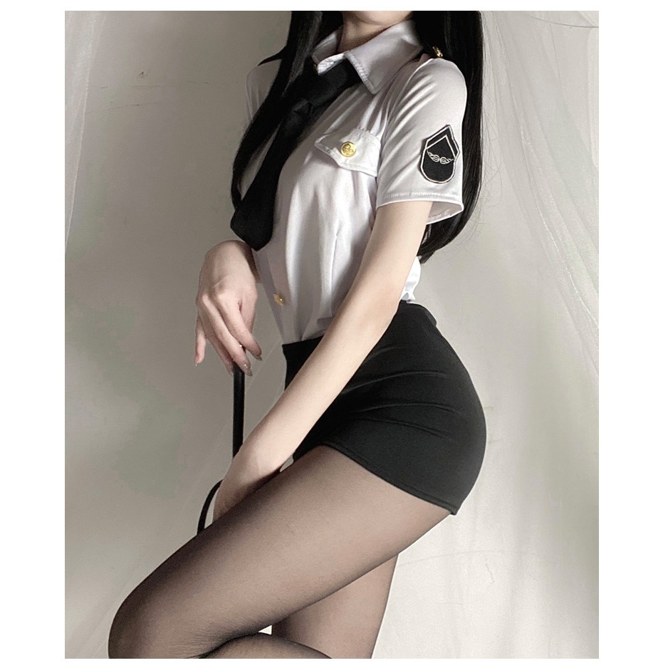 Sexy AV stretch flight attendant uniform professional equipment role playing female police temptation uniform set