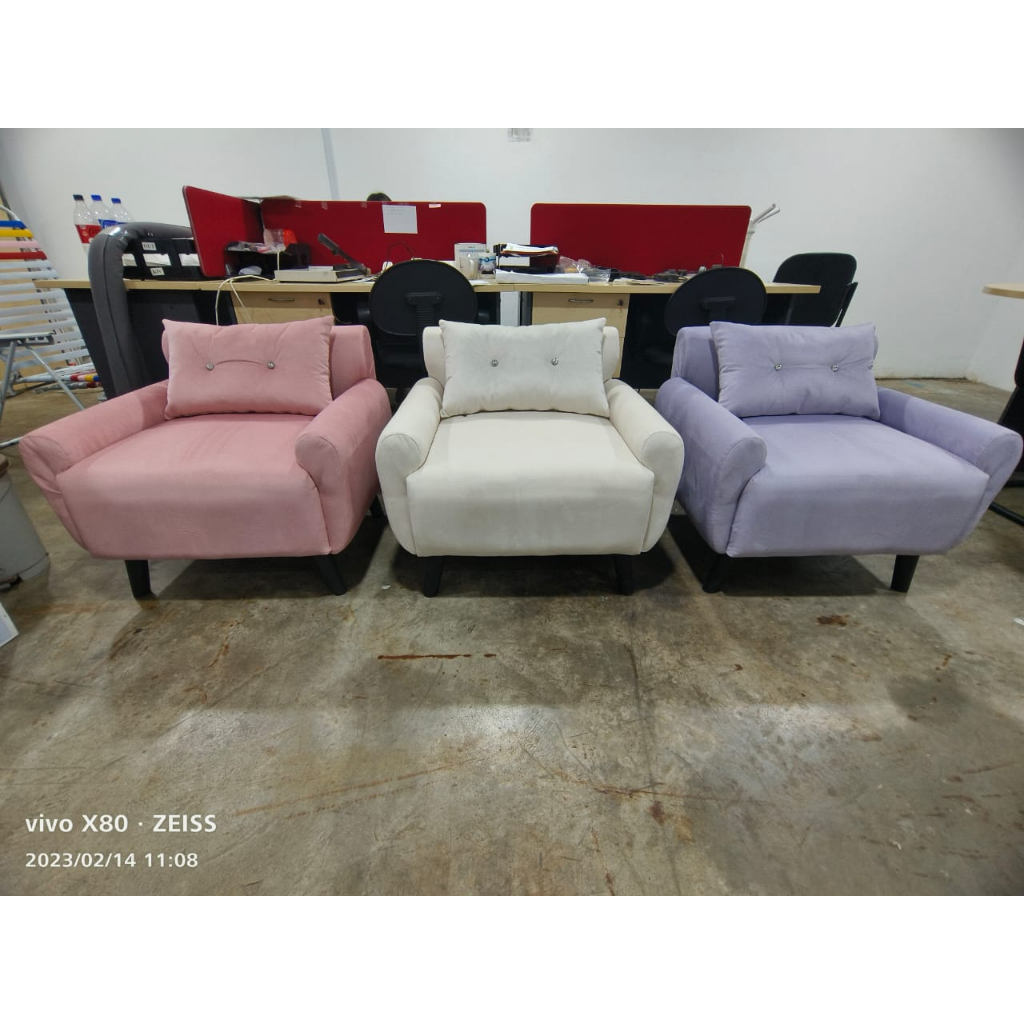 DFP CANDY 1 Seater Sofa Couch Waterproof Fabric Arm Wing Chair Solid Wood Leg Sofa Kain Pink Grey Color 一人沙发