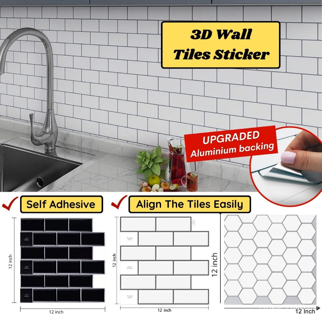 Real 3D Tiles Sticker Wall Mosaic Kitchen Bathroom Tile Sticker Self  Adhesive Backsplash Brick Waterproof Dinding Dapur | Shopee Malaysia