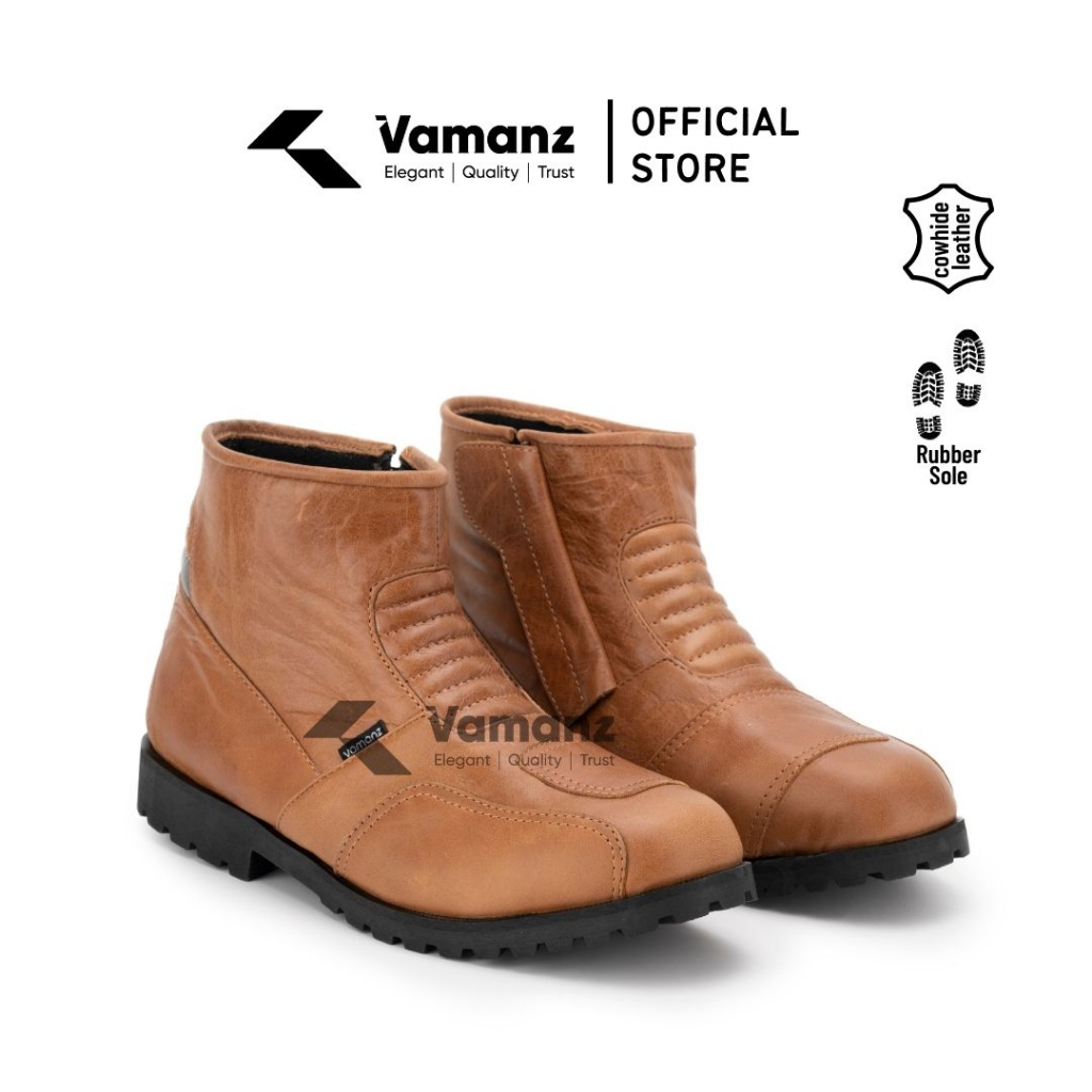 Vamanz Leather Original Cowhide Brown Oil Leather Mid Cut Biker Safety Boots Kasut Motor Kulit Brown