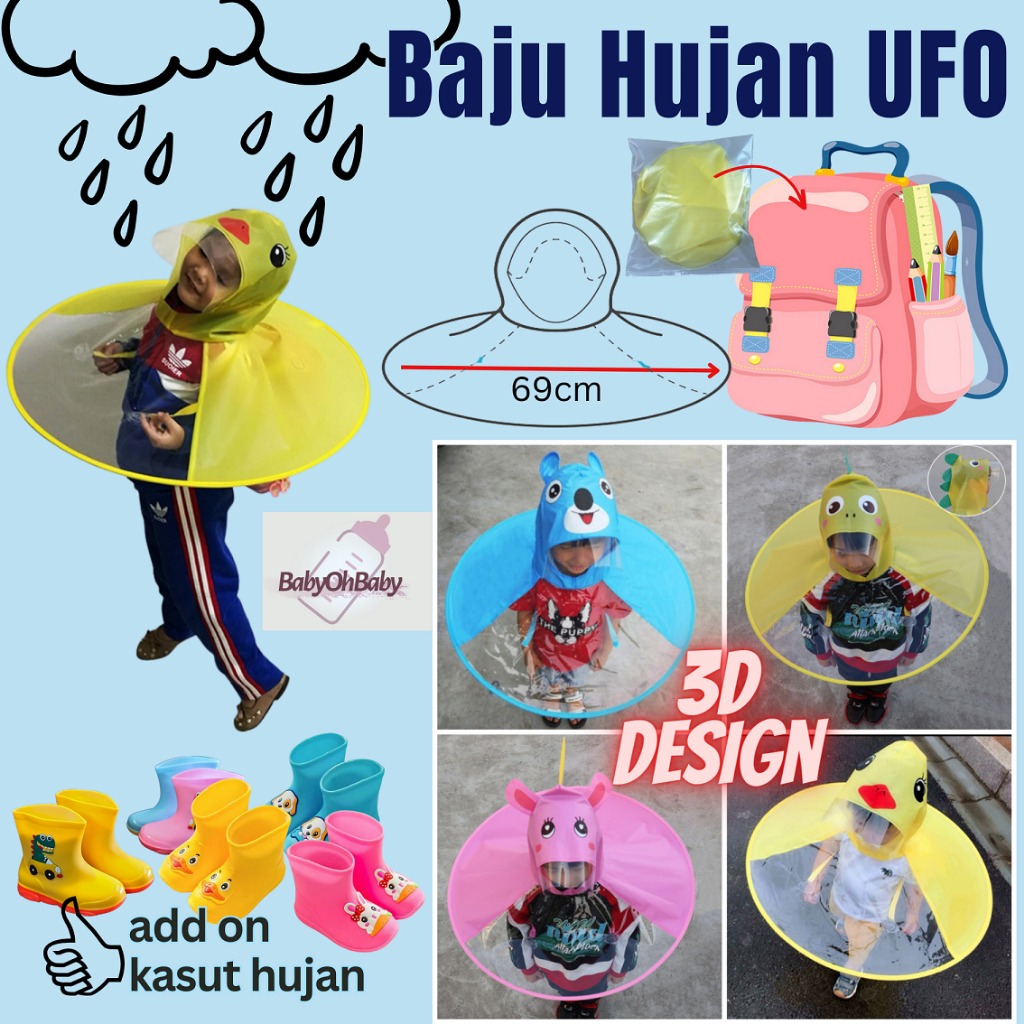 Raincoat UFO Shape Fishing Hat Umbrella Children Baju Hujan Budak Topi Payung Memancing UFO Foldable Hat Umbrella