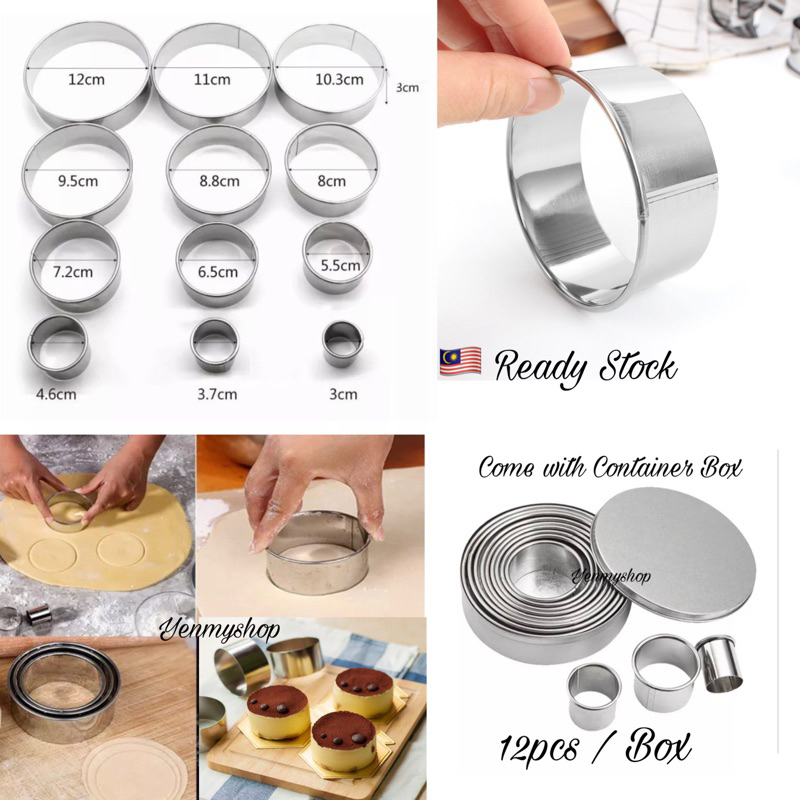 12Pcs Kek Acuan Stainless Steel Round Shape Cutting Cookie Molds Mousse Cake Ring Baking Biscuit Cutting Fondant Cutter