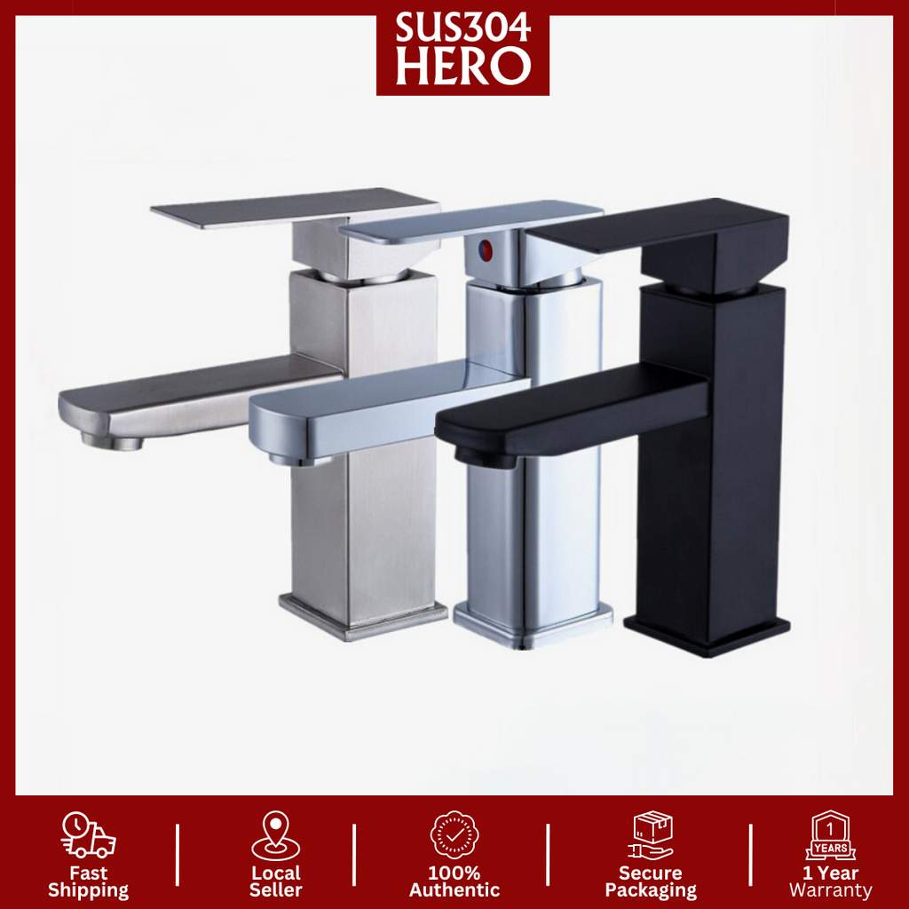 SUS3 Premium Stainless Steel Matte Black Paip Kepala / Silver Square Bathroom Faucet Tap Water Sink/ 不锈钢磨砂四方单孔浴室冷热水龙头