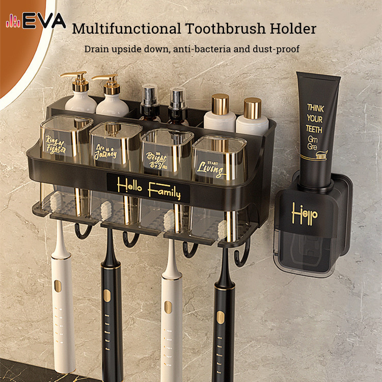 【EVA】【local delivery】Toothbrush Holder 牙刷置物架 tempat letak berus gigi toothpaste dispenser Wall Mounted With Toothpaste Dispenser family Theme