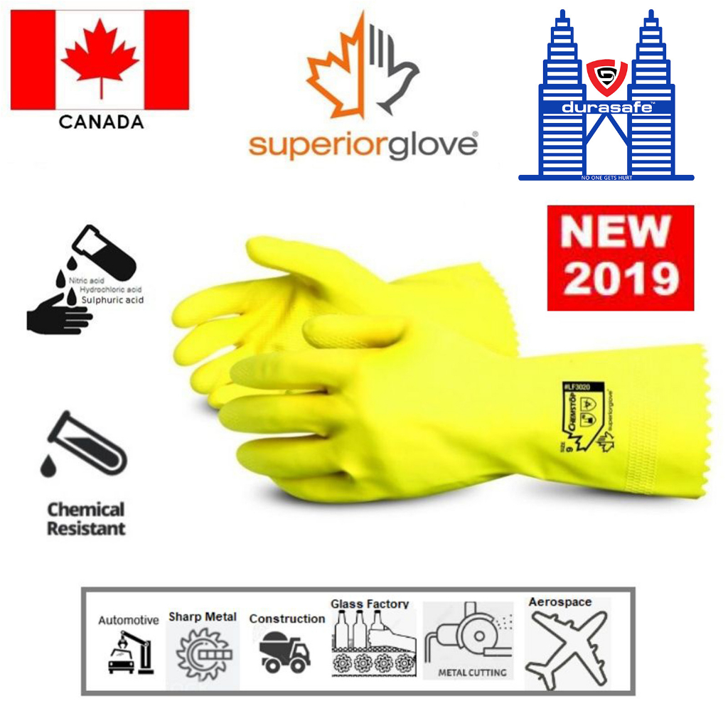 SUPERIOR LF3020 Chemstop Yellow Flock-Lined Latex Chemical Resistant Glove