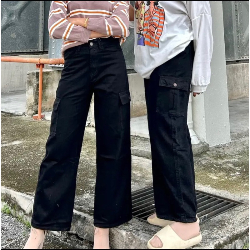 ( Ready Stock )Long Palazzo Cargo 6 Pocket Solid Denim Jeans New Design untuk Perempuan women’s palazzo