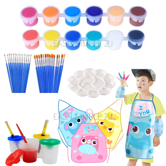 [Ready Stock] 5ml 12Colors Kids Acrylic Paint Set Pigment Hook Line Watercolor Waterproof Apron Palette Tray Washing Mug