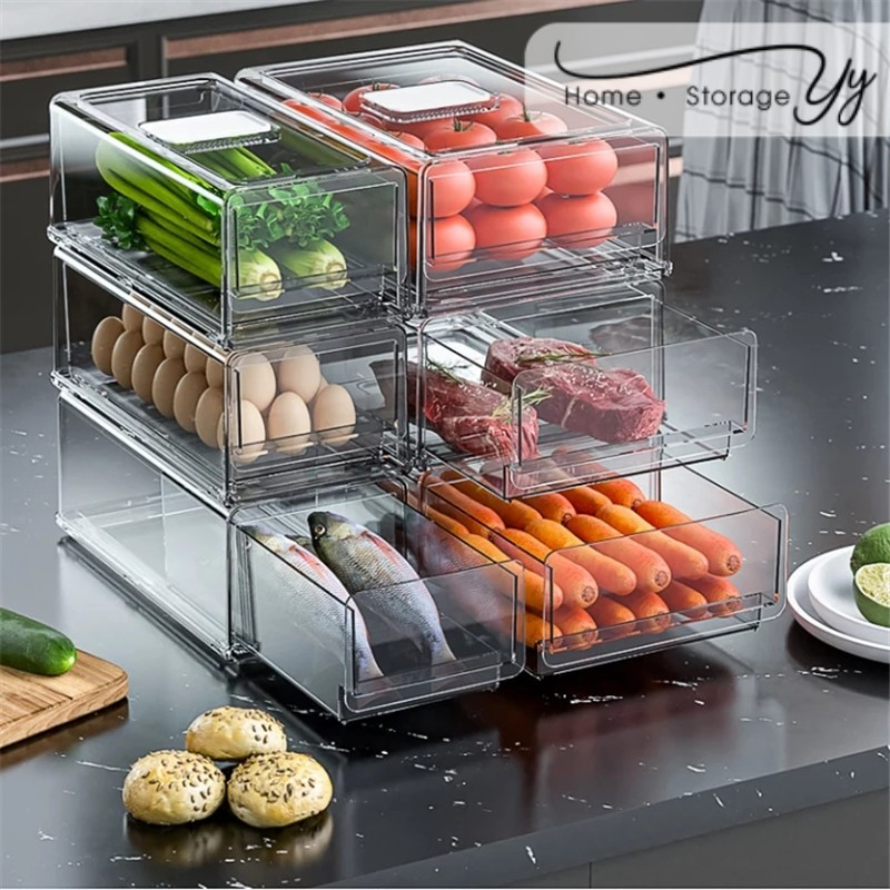 Johor Seller || Refrigerator Drawer Storage Box Fruit Transparent Organizer Vegetable Freezer Fridge Stackable Cabinet