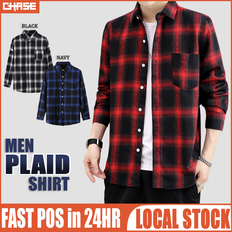 Baju Kemeja Lelaki Long Sleeve Checker Shirt Casual Fashion Kemeja Lelaki Trendy Koreal Top Black Navy Red Men Shirt