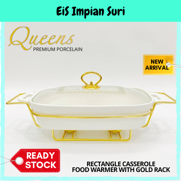 (Ready Stock!!) Queens Rectangle Porcelain 11.5'' 14.5'' Food Warmer with Gold Rack