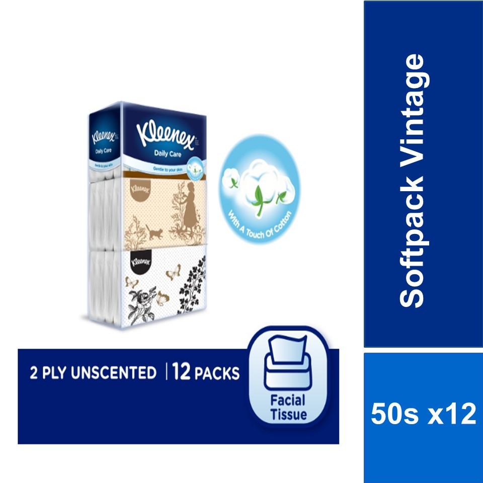 [Bundle of 12] Kleenex Facial Tissue Vintage Softpack 2ply Daily Care - Soft & Gentle Tissue Paper 50s