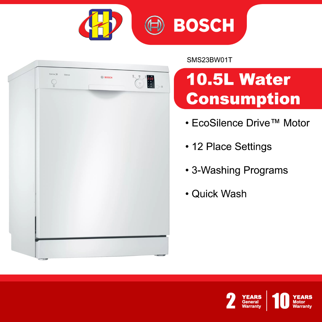 Bosch Dishwasher (10.5L) EcoSilence Drive 12-Place Setting 3-Washing Program Freestanding SMS23BW01T