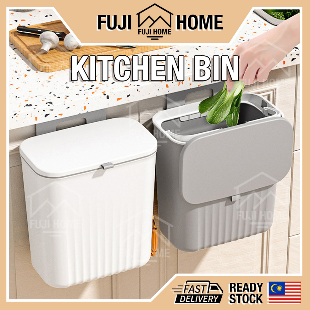 READY STOCK9L Can Dustbin Hanging Kitchen Rubbish Bin Cabinet Door Floor Wall Mounted Kitchen Trash Can Tong Sampah