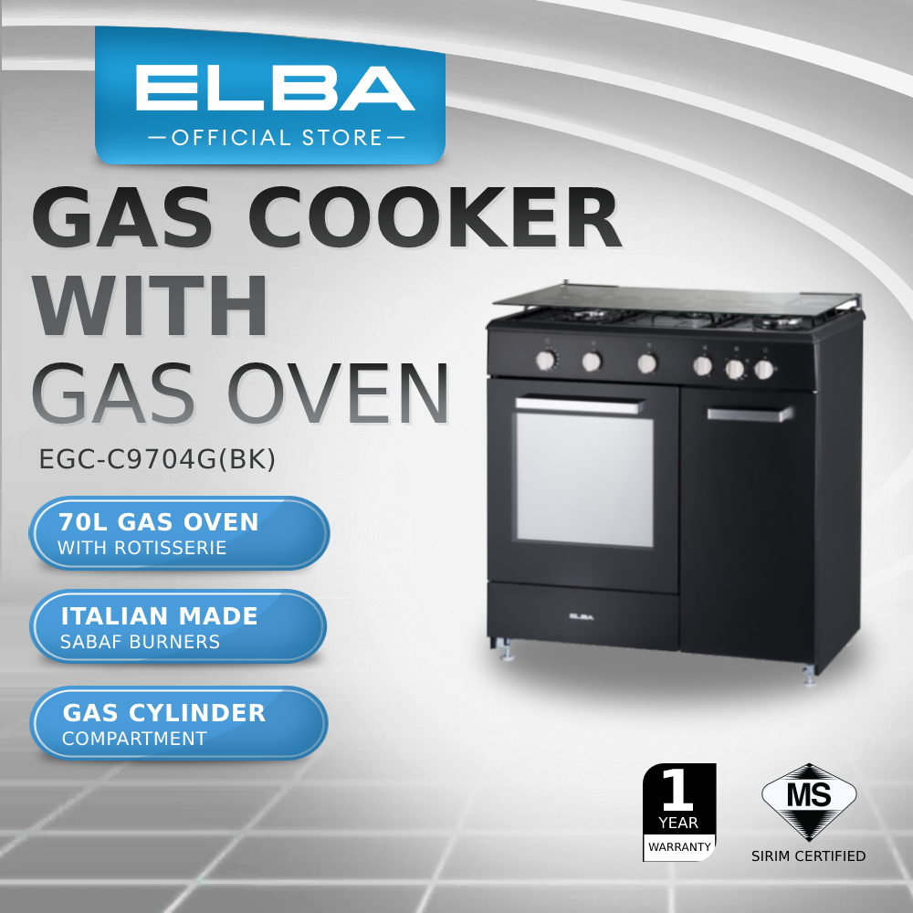 ELBA Gas Cooker with Gas Oven EGC-C9703G(BK) / EGC-C9704G(BK) - Safety Valve - Black (70L)