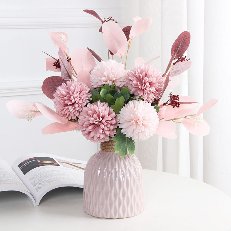 Elegant Pink Artificial Flower Ceramic Vase Bundle Set with European-style Design for Home/Office Decoration