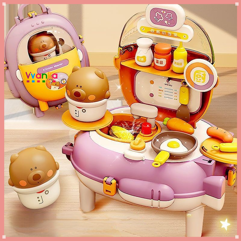 Children Cooking Toys Pretend Play Kitchenware Set Kids' 2-in-1 Little Bear Kitchen Backpack Cookware Game Toys