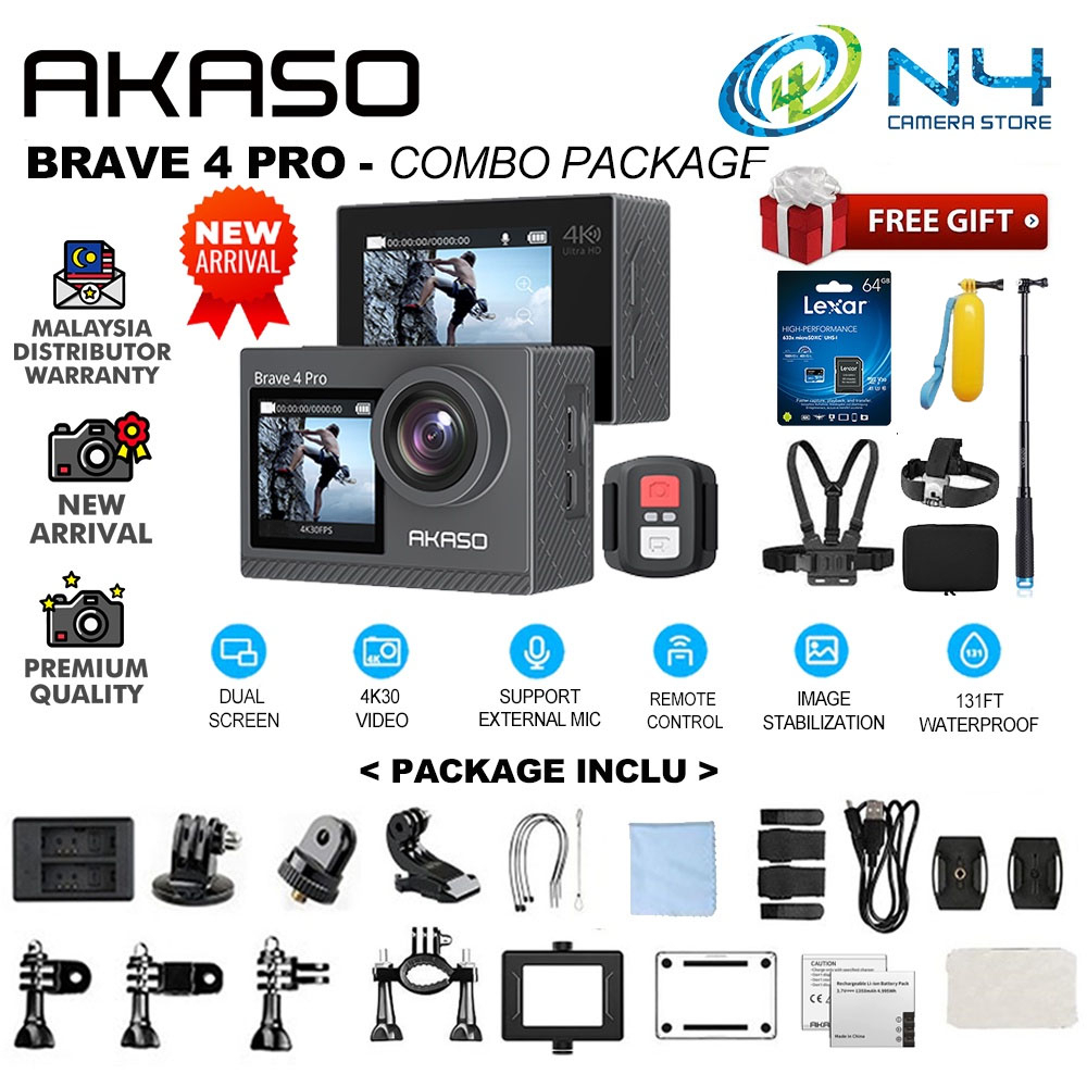 AKASO Brave 4 Pro AKASO Brave 4Pro 4K30/20MP Action Camera Dual Touch Screen 4K 20MP 40M Underwater Waterproof 5X Zoom