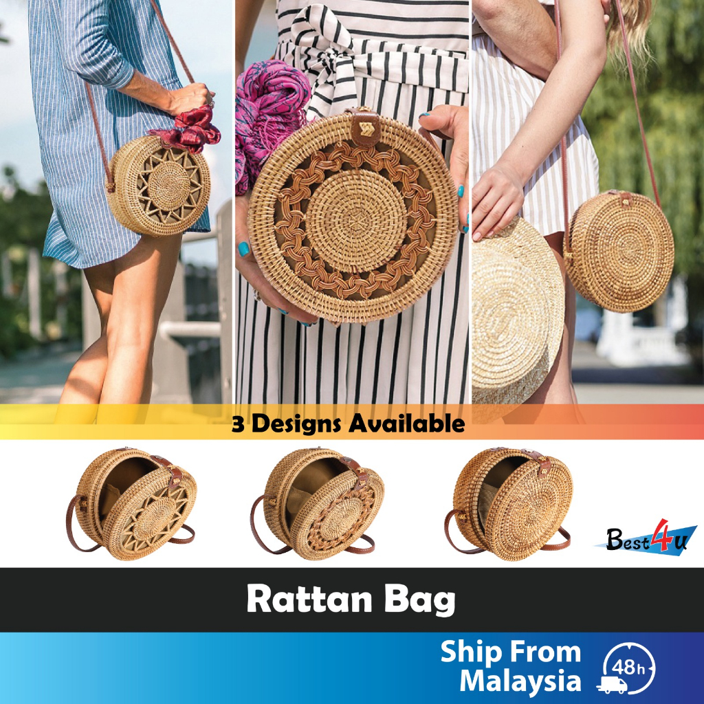 BEST4U Handwoven Round Rattan Bag | Rattan Batik Fabric Round Sling Bag with Semi Leather Strap for Woman