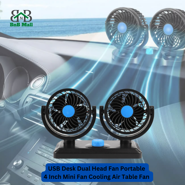 BnB Mall USB Fan Car Fan Double Head Dual Speed Vehicle Car Desk Table Fan/ Office USB Desk Fan Kipas USB Kereta