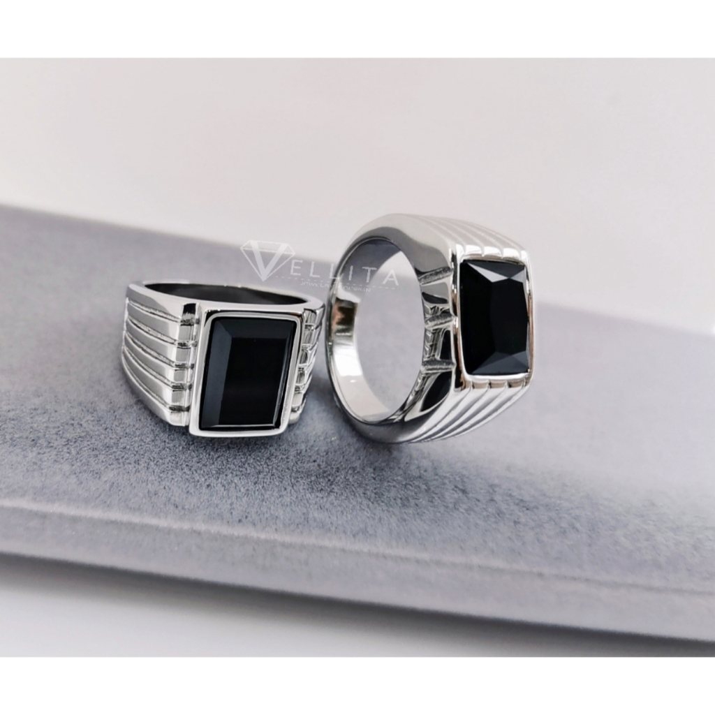 [VELLITA]316L Steel "Black Onyx" Gemstone Men's Ring Anti-Fade Steel Ring