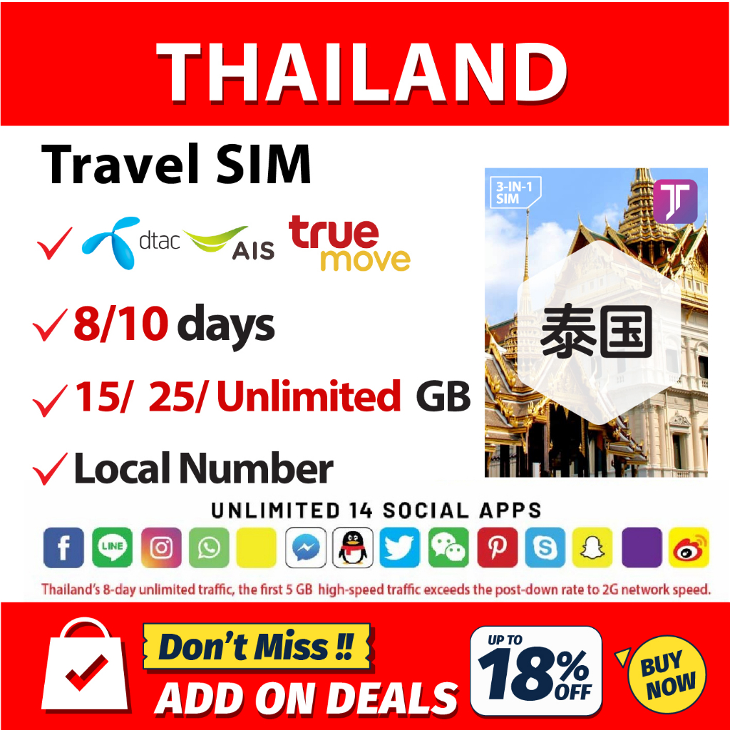 J Travel【 Thailand SIM Card 】【 AIS / TRUEMOVE / DTAC Unlimited 】Travel Prepaid Sim Card Simkad