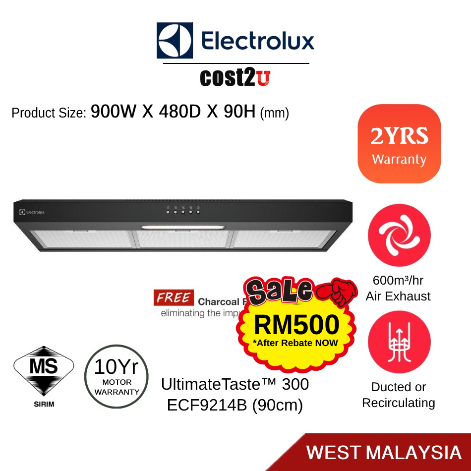 Electrolux 90cm UltimateTaste 300 Slimline Hood Stainless Steel | ECF9214B ECF9214X (Slim Cooker Hood Range Hoods Dapur