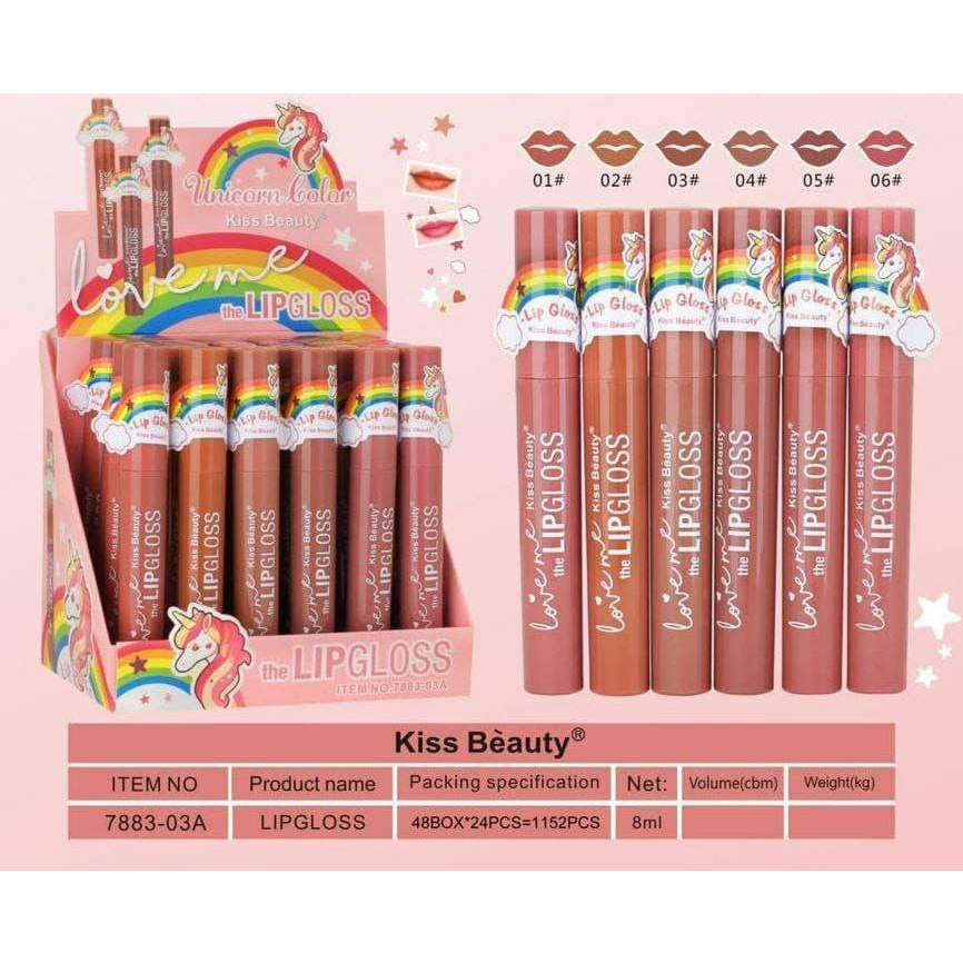 No:7883-03A 1Box 24pcs KISS BEAUTY Rainbow Unicorn Love Me Matte Lip Gloss Lip Matte