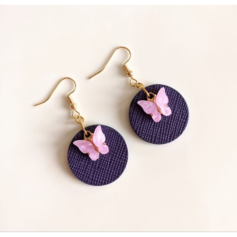 Handcrafted / Handmade Saffiano Leather Earrings - Trendy Butterfly - Purple Addict - Korean Style