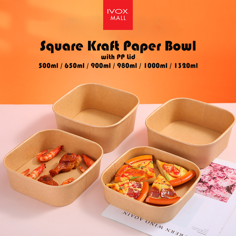 Square Food Kraft Paper Bowl with PP Plastic Lid / Packaging Containers Box / Disposable Eco-friendly Salad Soup Bowl