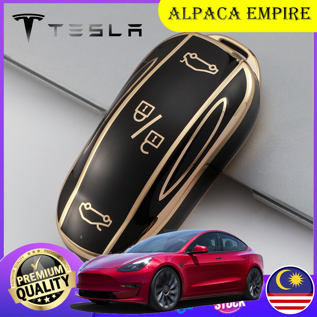 Car Key Cover Case Casing Sarung Kunci Kereta Tesla Model S / X / 3/Y TPU Chrome Gold Edge Key Chain 汽车钥匙套壳