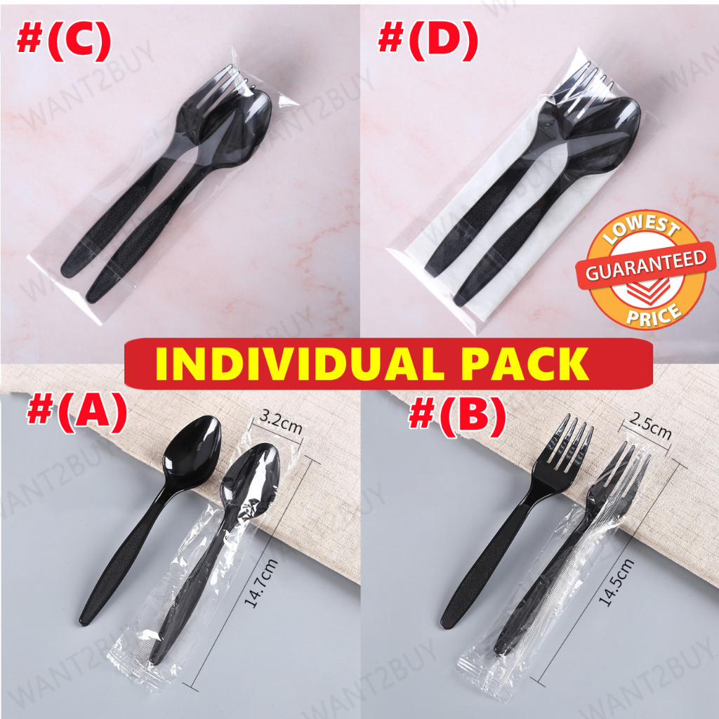 3 in 1 Premium Individual Pack Black Spoon Fork Tissue Disposable Plastic Cutlery Set Party Sudu Garpu Panjang 勺叉刀