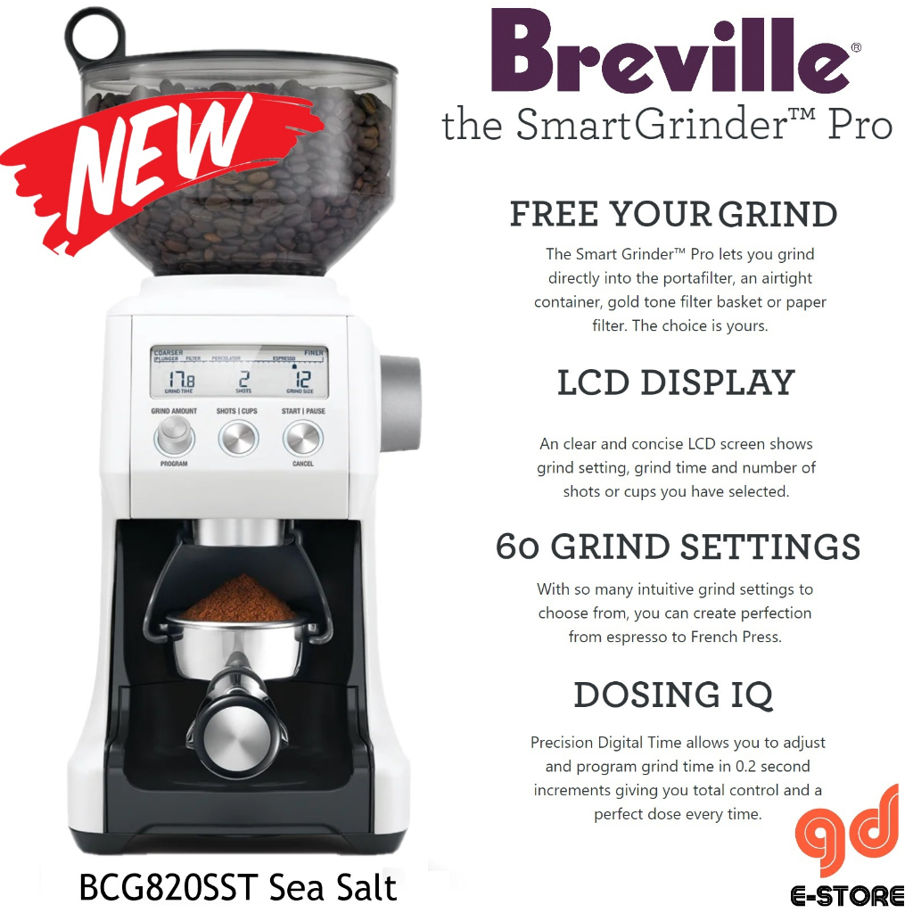 Breville Smart Coffee Grinder BCG820 BES820SST Silver Sea Salt White