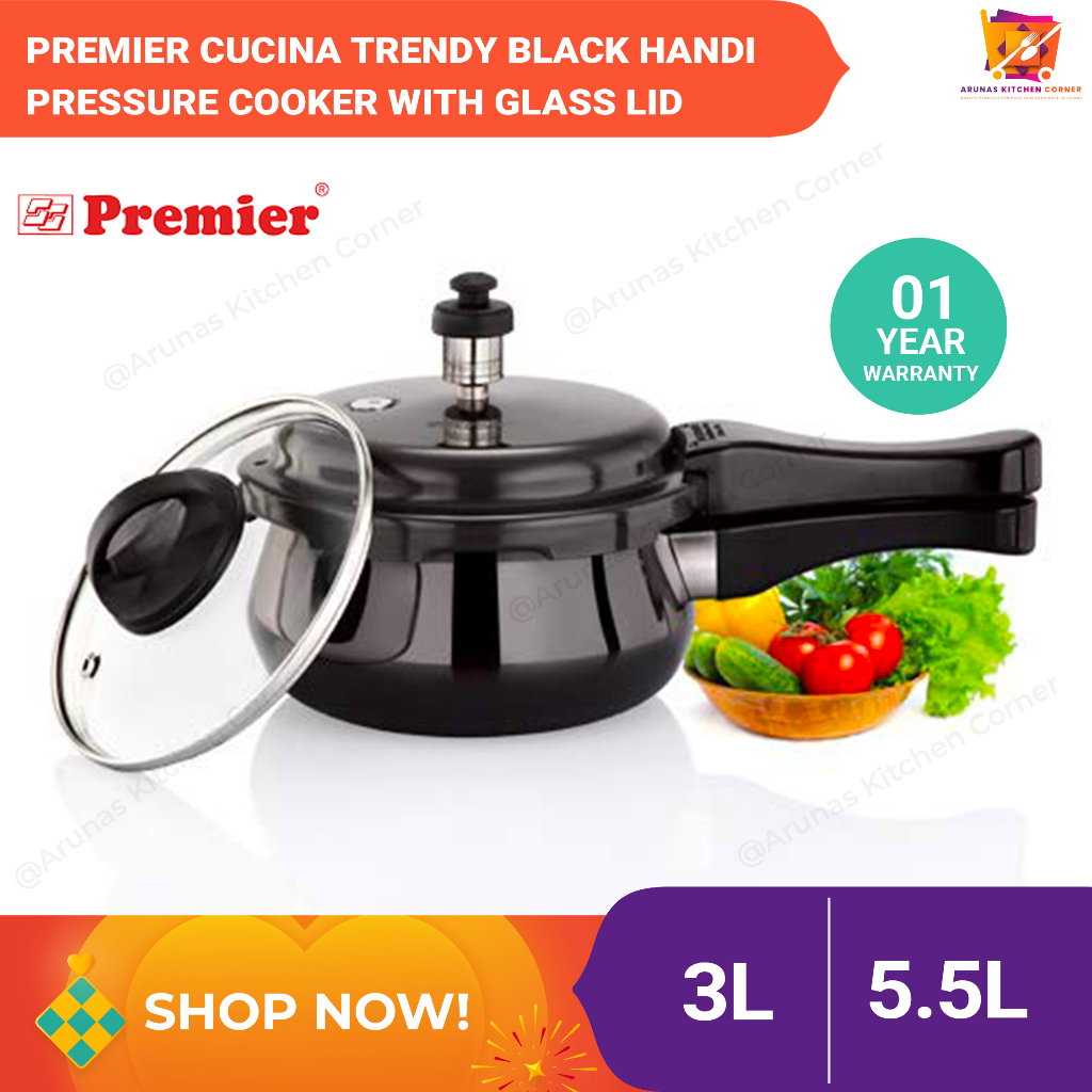 Premier Cucina Trendy Black Handi Pressure Cooker with Glass Lid - Available in 3L and 5.5L capacities - PC0003