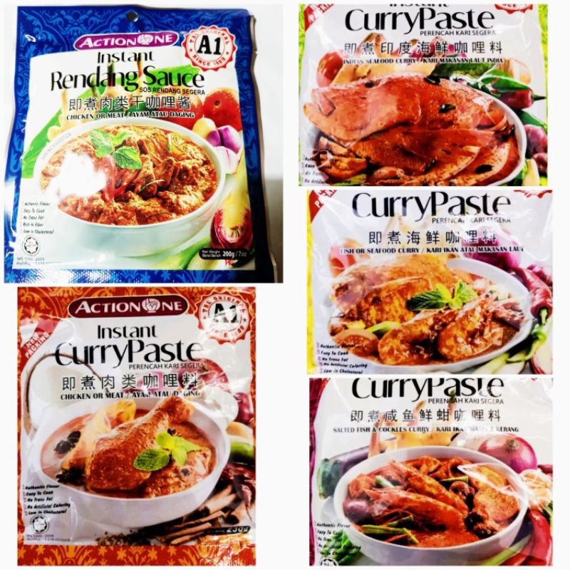 A1 Action One Instant Curry Chicken Indian Seafood Salted Fish Rendang Paste 即煮 肉类 印度 海鲜 咸鱼 干咖哩 酱料 Perencah Kari Segera