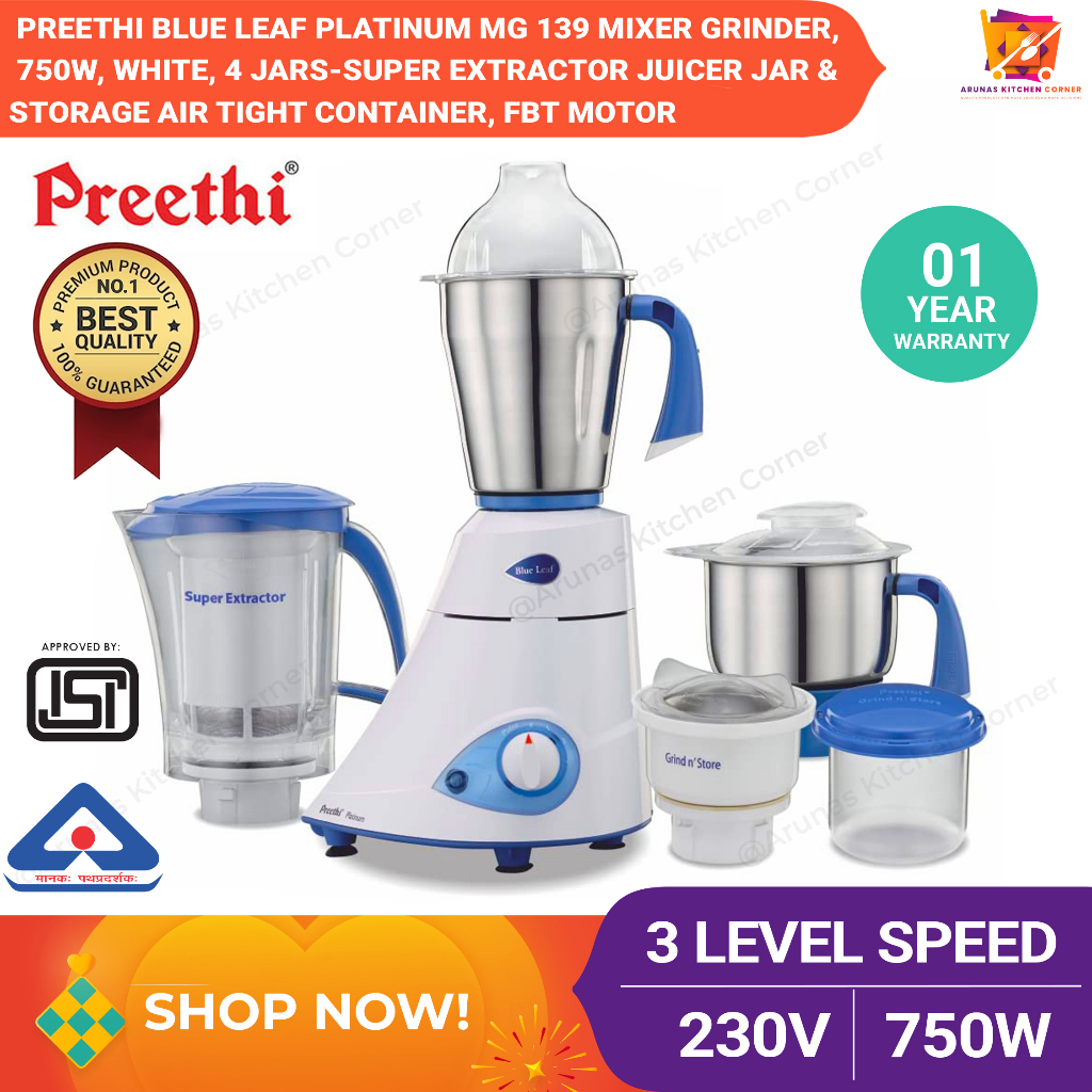 750W Multipurpose Mixer Grinder - Preethi Blue Leaf Platinum MG-139 4 Stainless Steel Jars - MG0013