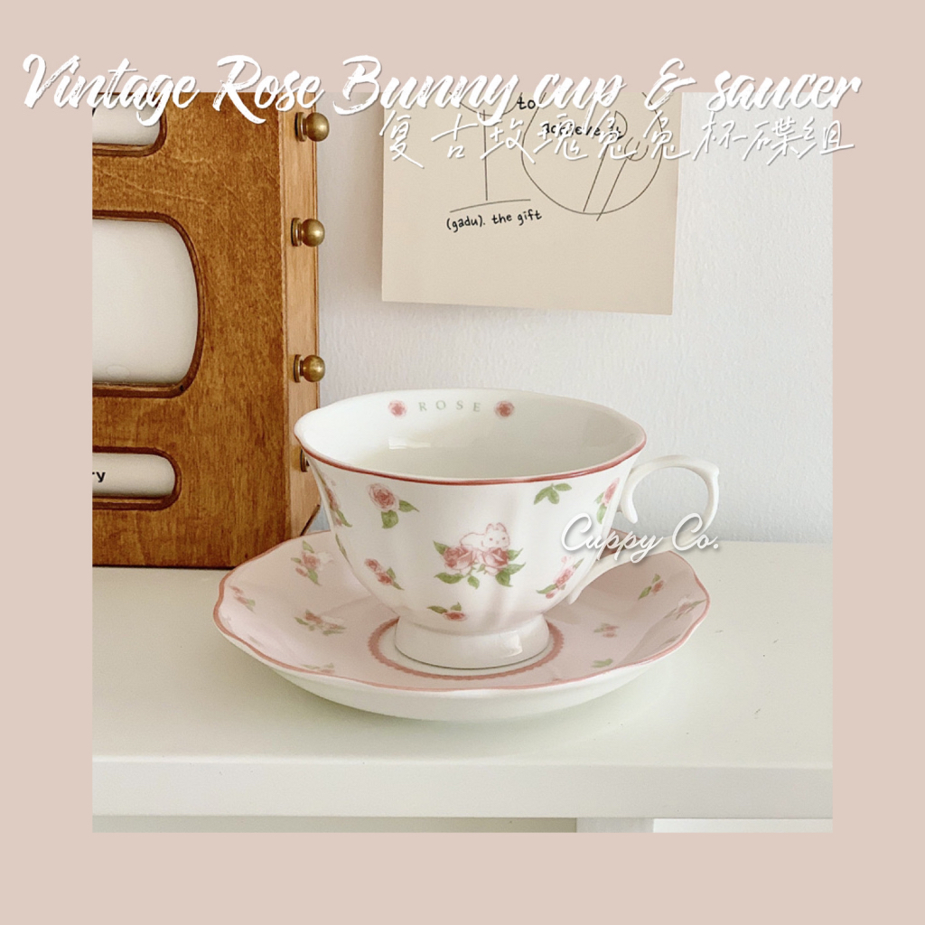 【READYSTOCK】Vintage ins Pink Bunny roses ceramic coffee tea cup mug saucer gift present dessert