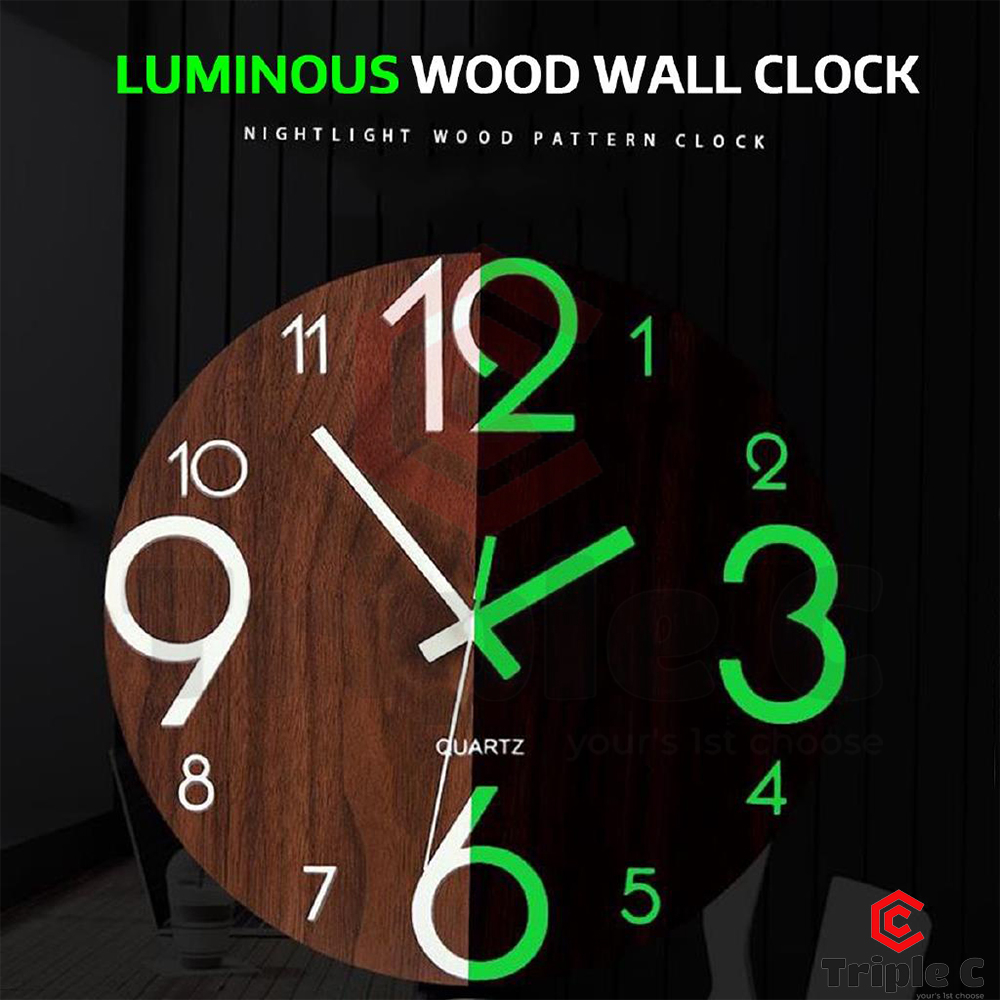 [Triple C] 12" / 30CM Wall Clock Glow In The Dark Silent Quartz Indoor Bedroom Wooden Luminous Jam Dinding